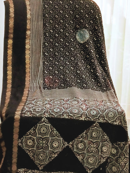 Black Madurai Sungudi Cotton Designer Ajrakh Handblock printed saree (ON SALE due to a small hole in the pallu)