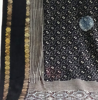 Black Madurai Sungudi Cotton Designer Ajrakh Handblock printed saree (ON SALE due to a small hole in the pallu)