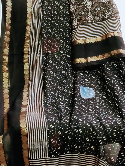 Black Madurai Sungudi Cotton Designer Ajrakh Handblock printed saree (ON SALE due to a small hole in the pallu)