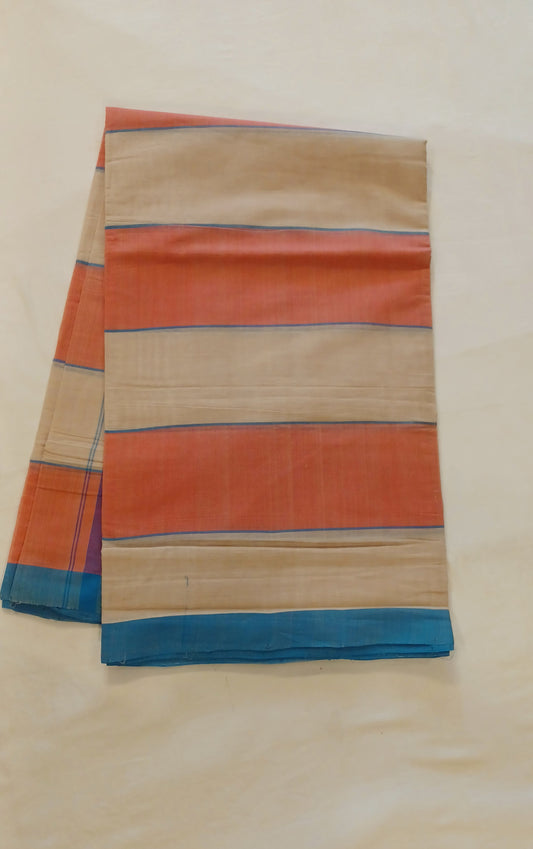 Beige and peach handwoven Bobbili cotton saree with solid horizontal stripes.
