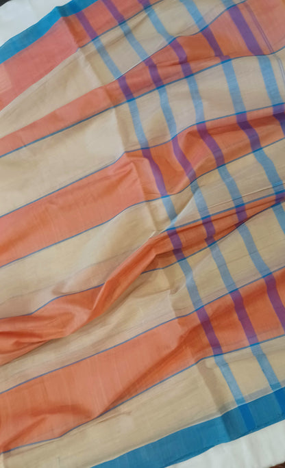 Beige and peach handwoven Bobbili cotton saree with solid horizontal stripes closeup.