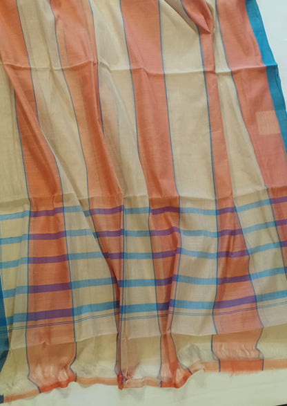 Beige and peach handwoven Bobbili cotton saree with solid horizontal stripes details