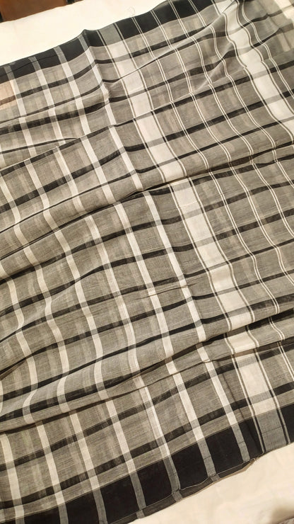 Bobbili Handloom Cotton Black, Grey and White Checks Saree
