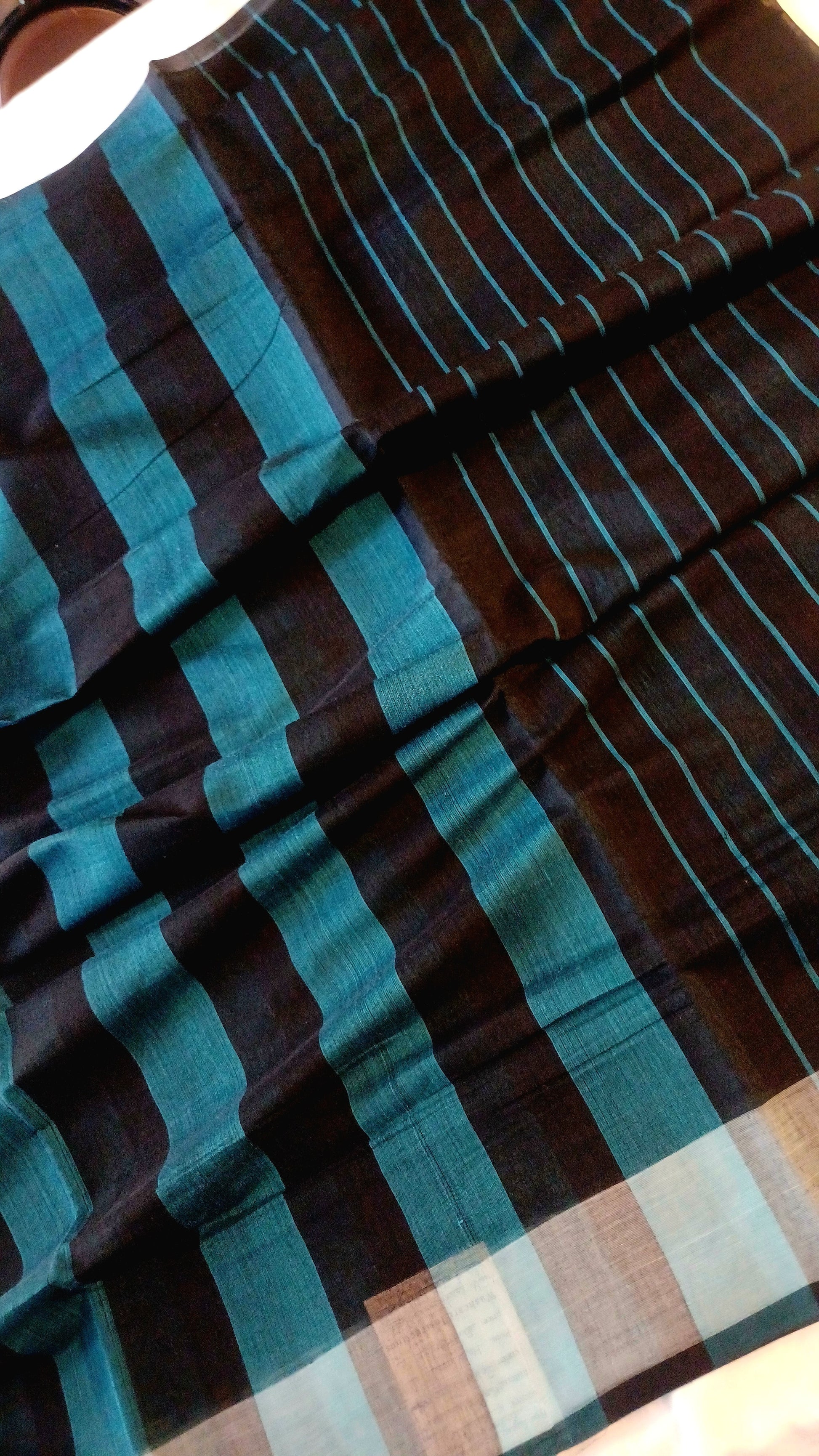 Black Bobbili handloom cotton saree with bright blue solid vertical stripes with pallu