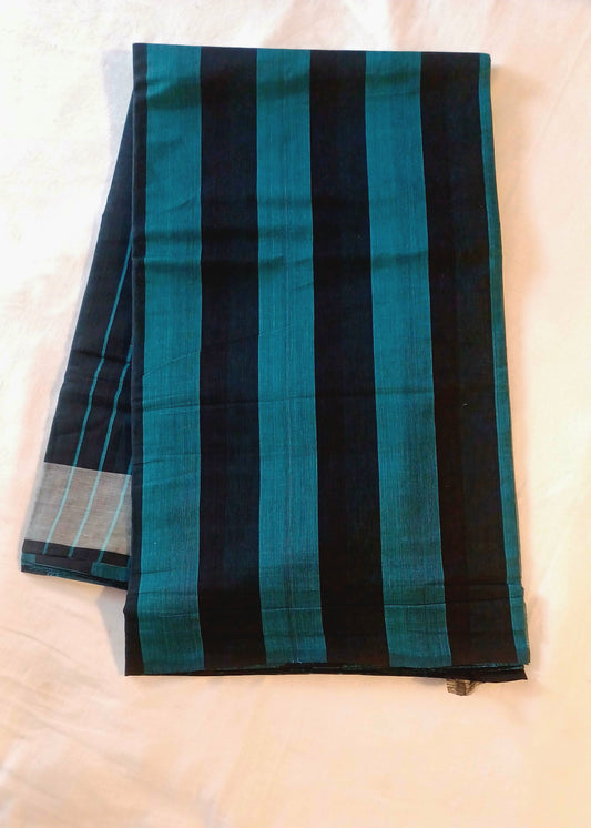 Black Bobbili handloom cotton saree with bright blue solid vertical stripes