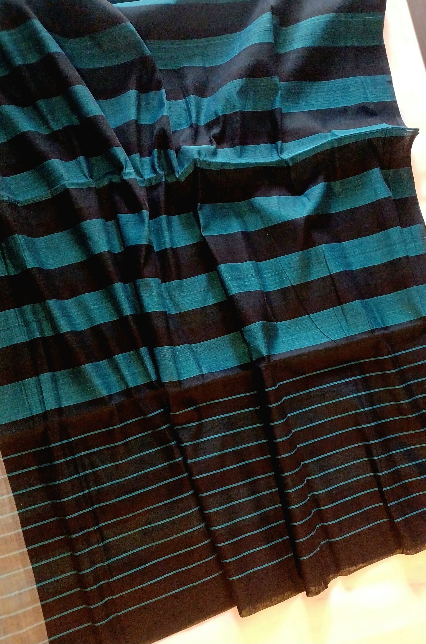 Black Bobbili handloom cotton full saree with bright blue solid vertical stripes 