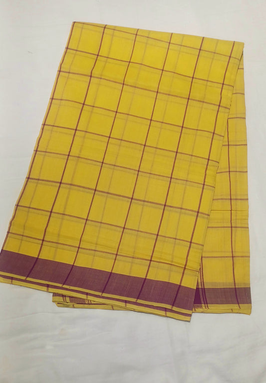 Bobbili Handloom Cotton bright Yellow with magenta Checks Saree