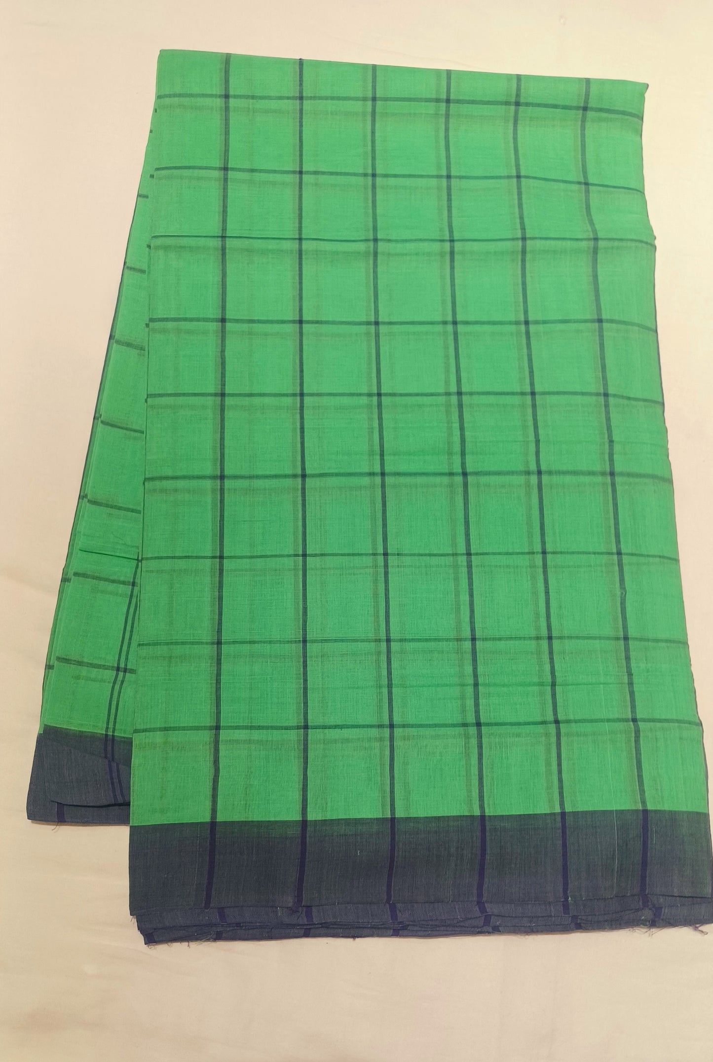 Bobbili Handloom Cotton green with navy blue Checks Saree