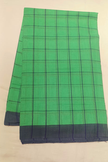 Bobbili Handloom Cotton green with navy blue Checks Saree