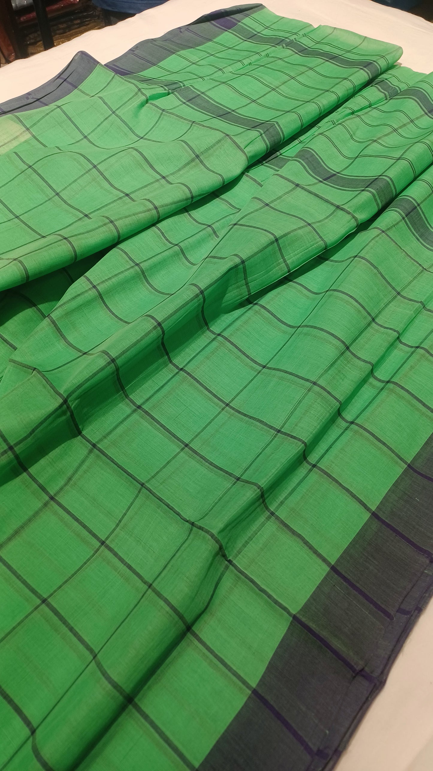 Bobbili Handloom Cotton green with navy blue Checks Saree pallu