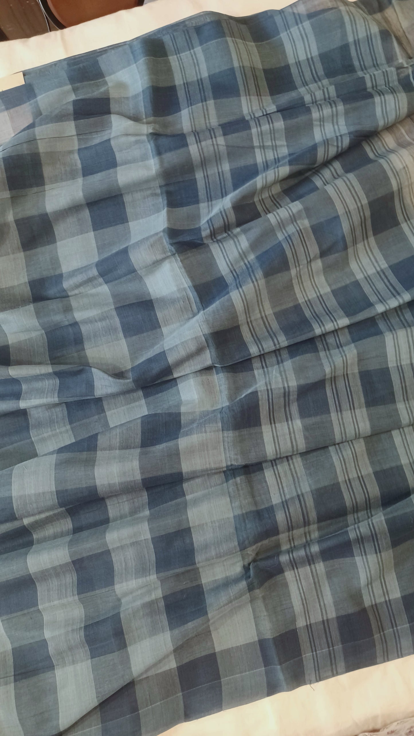 Bobbili Handloom Cotton Indigo Checks Saree Pallu