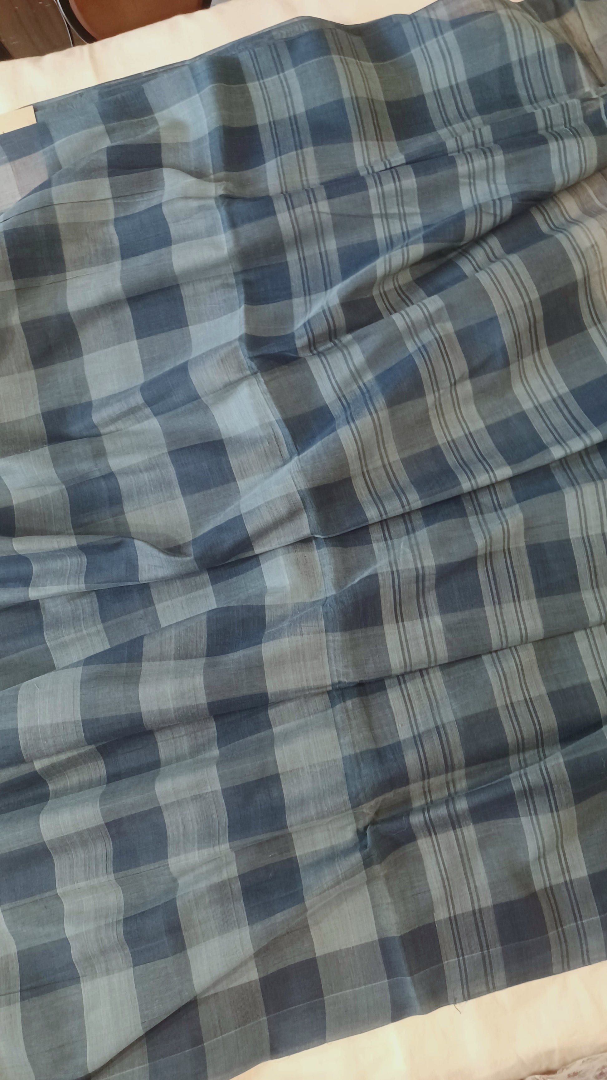Bobbili Handloom Cotton Indigo Checks Saree Pallu