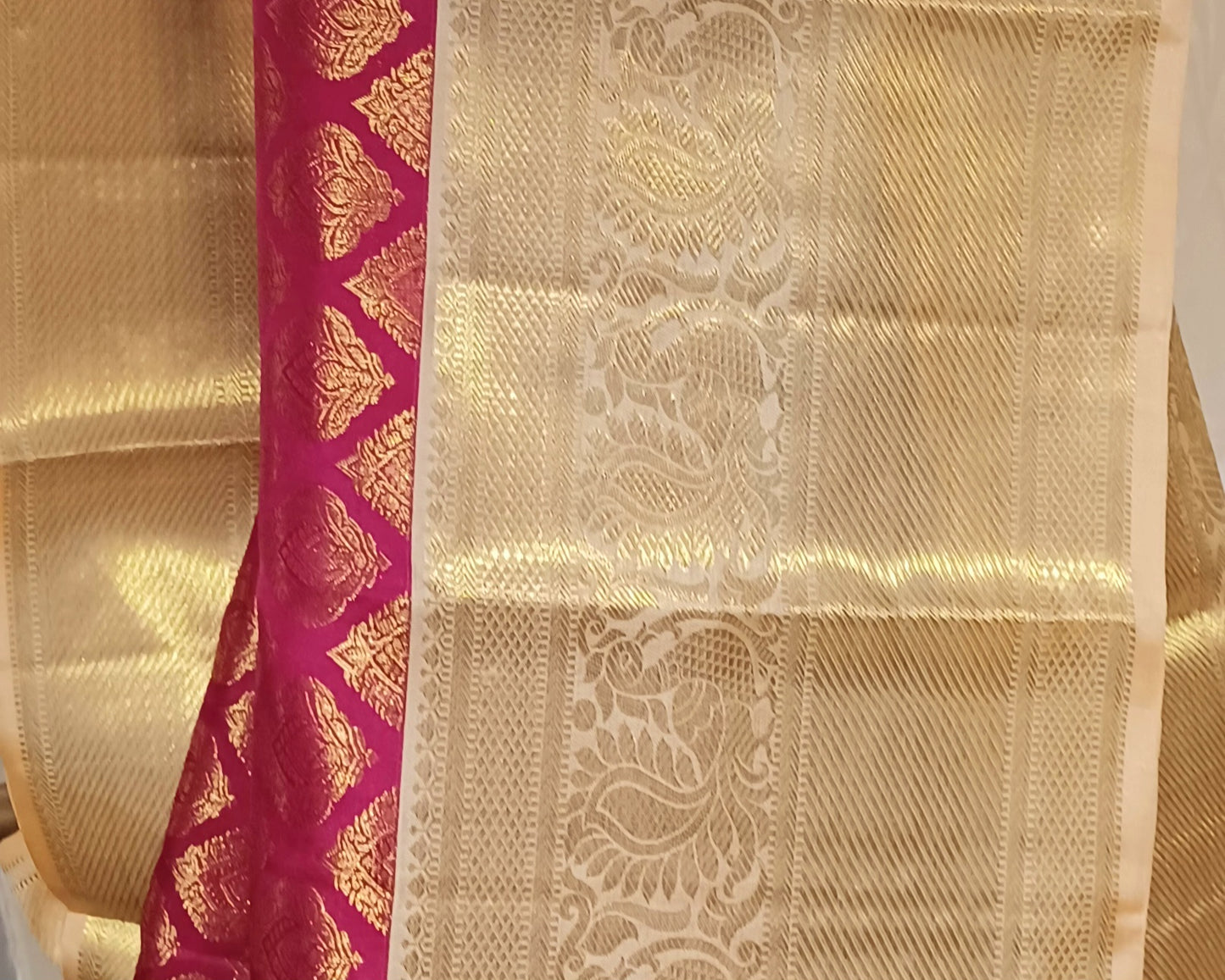 Dark Pink with Cream border Kanchipuram pure silk brocade weave saree