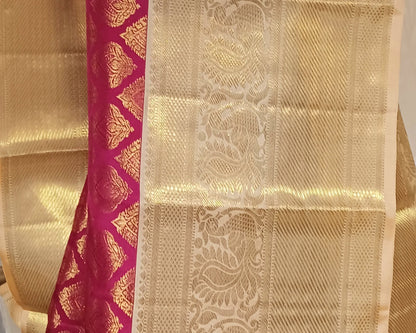 Dark Pink with Cream border Kanchipuram pure silk brocade weave saree