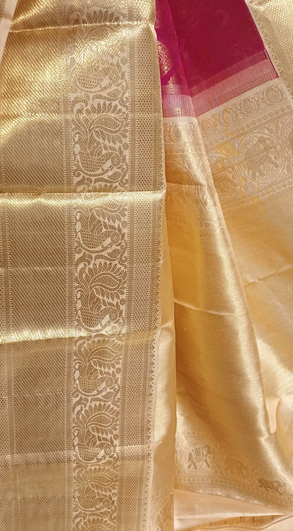 Dark Pink with Cream border Kanchipuram pure silk brocade weave saree