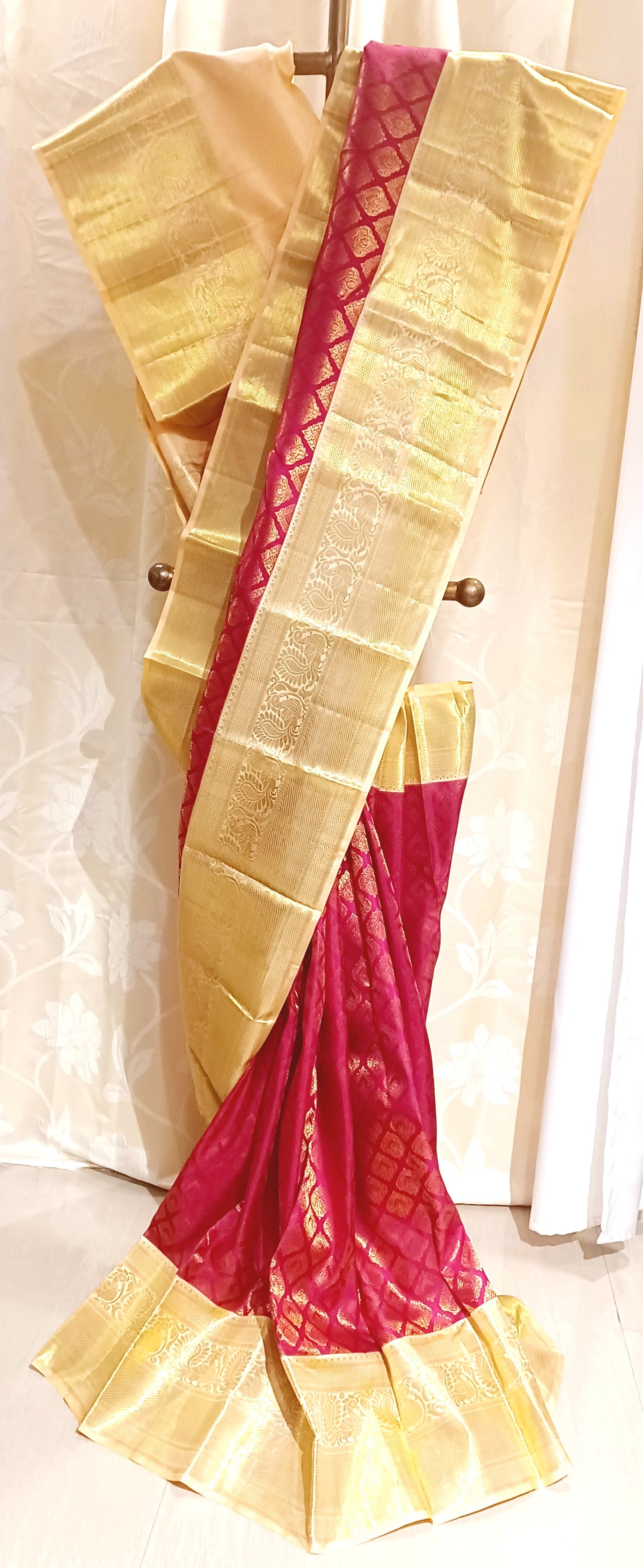 Dark Pink with Cream border Kanchipuram pure silk brocade weave saree