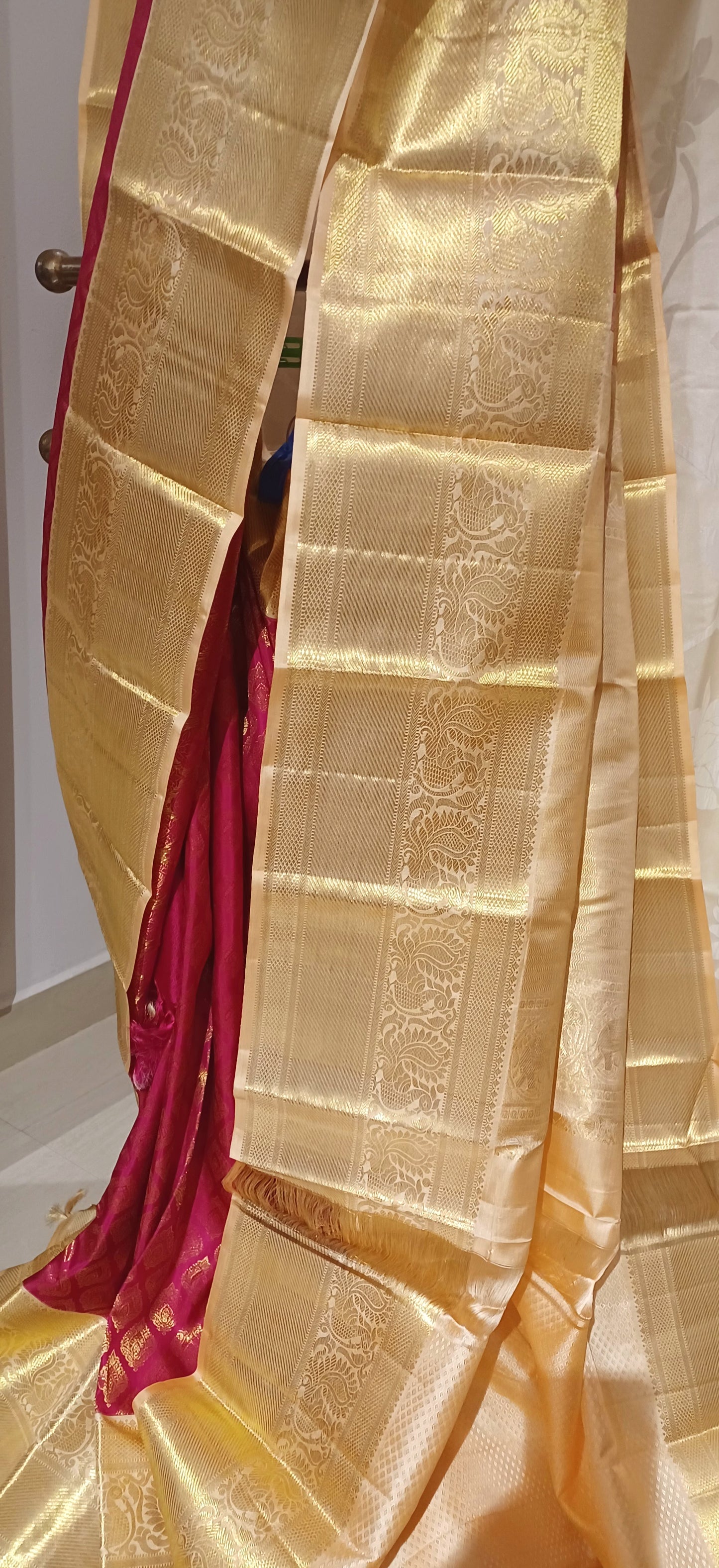 Dark Pink with Cream border Kanchipuram pure silk brocade weave saree