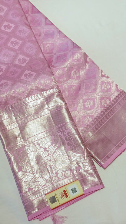 Baby Pink Bridal Kanchipuram pure silk brocade weave saree