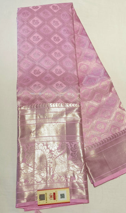 Baby Pink Bridal Kanchipuram pure silk brocade weave saree