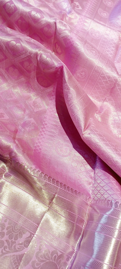 Baby Pink Bridal Kanchipuram pure silk brocade weave saree