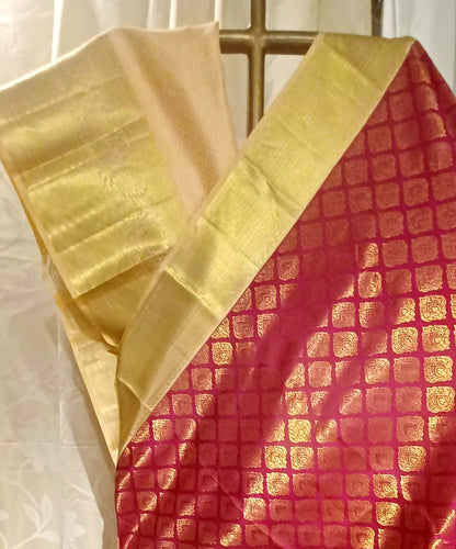 Dark Pink with Cream border Kanchipuram pure silk brocade weave saree