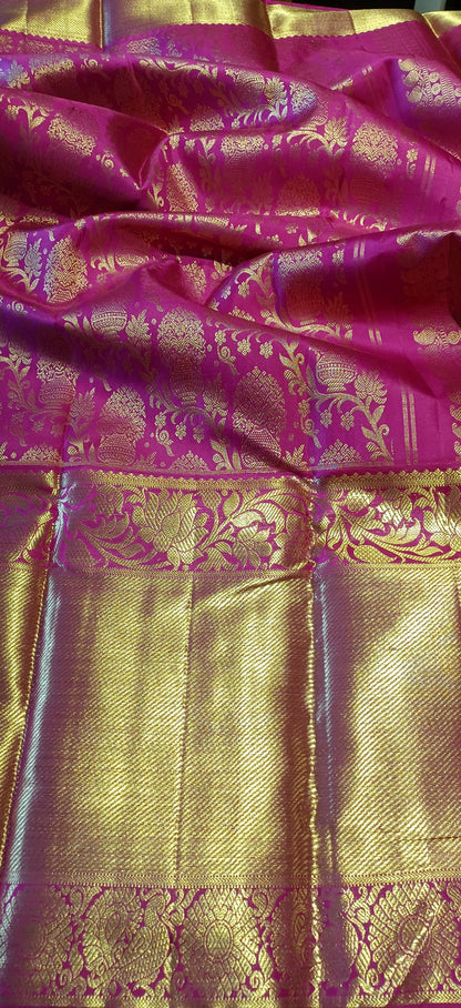 Dark Pink Bridal Kanchipuram pure silk brocade weave saree