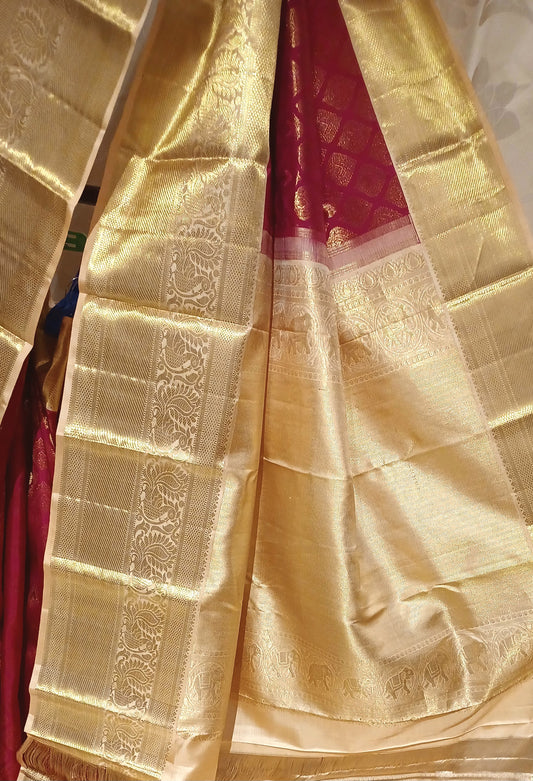 Dark Pink with Cream border Kanchipuram pure silk brocade weave saree