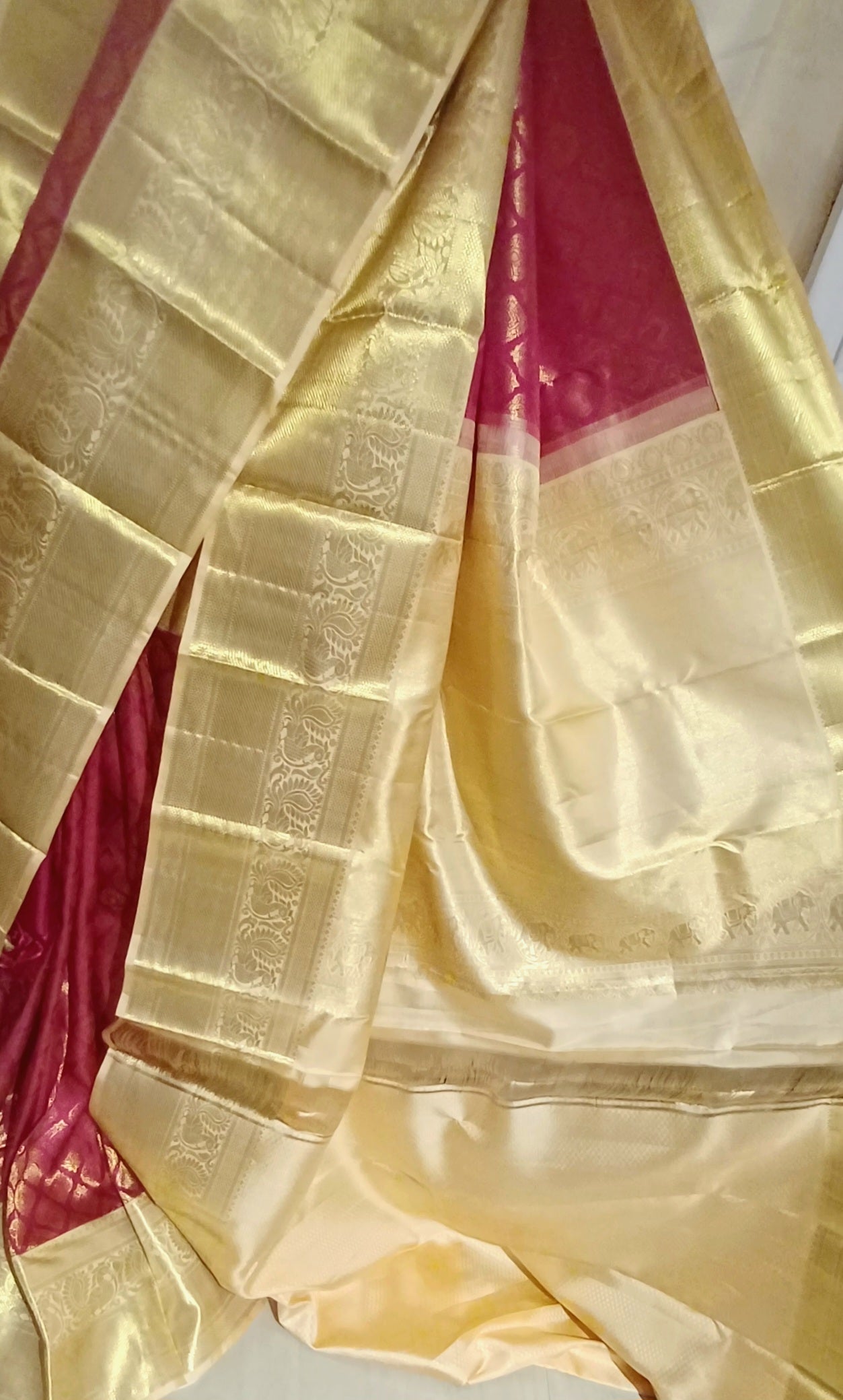 Dark Pink with Cream border Kanchipuram pure silk brocade weave saree