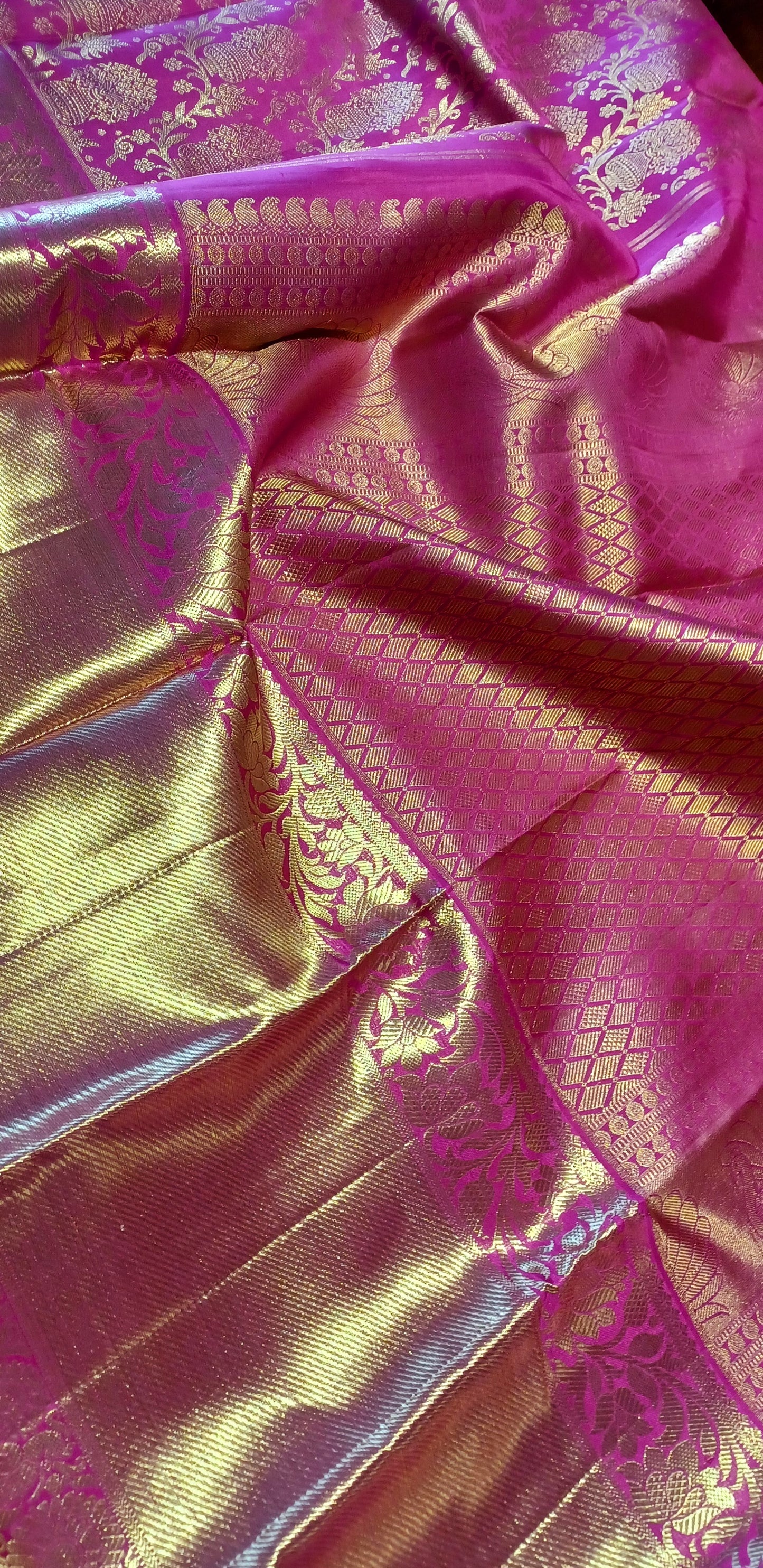 Dark Pink Bridal Kanchipuram pure silk brocade weave saree