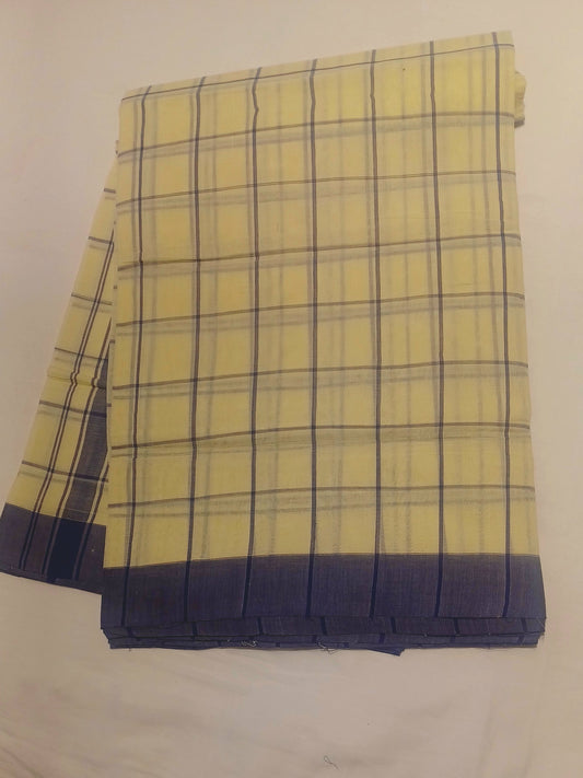 Bobbili Handloom Cotton Yellow cream with blue Checks Saree