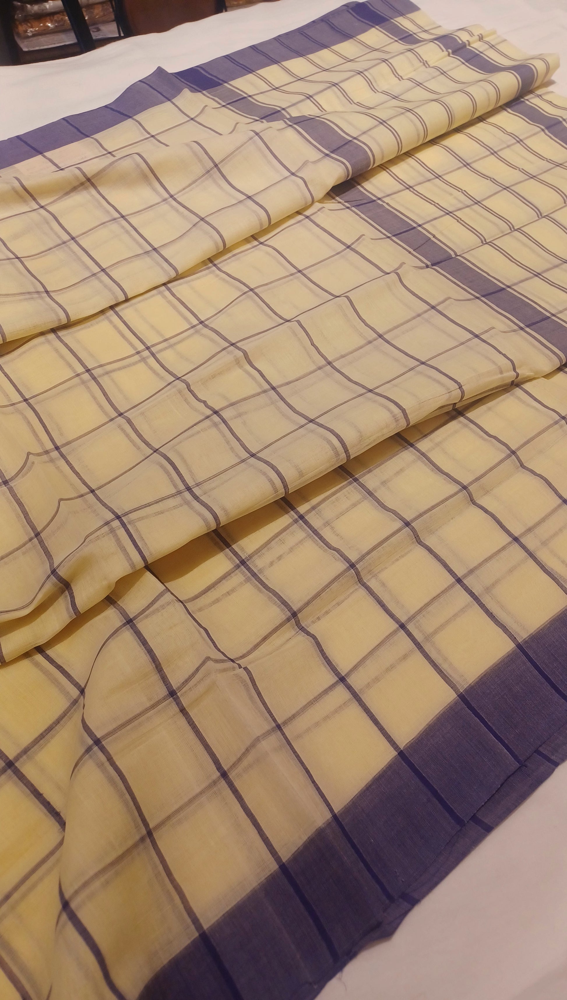 Bobbili Handloom Cotton Yellow cream with blue Checks Saree Pallu